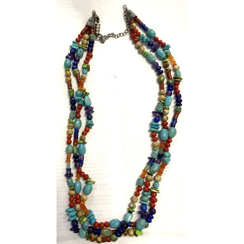 Vintage Multi Color 3 Strand Beaded & Sterling Silver Southwestern Necklace 24"